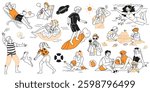 Playful doodle-style illustration of people enjoying summer activities at the beach, including swimming, sunbathing, surfing, and playing with friends, drawn with simple black and orange lines.
