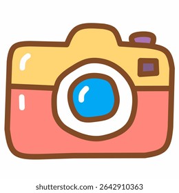 A playful doodle-style pink and yellow travel camera icon. Perfect for travel blogs, kids’ illustrations, planner stickers, and vacation-themed digital content in flat cute design.