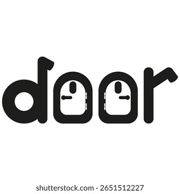 Playful door lettering. Letters as door shapes. Knobs and latches included. Black visual pun.