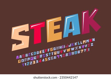 Playful double original alphabet design, colorful, typeface. Vector illustration, decorative typeset. 13 degree skew