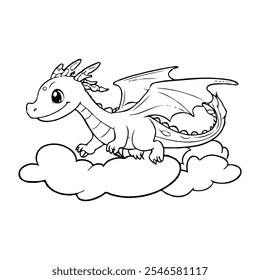 A playful dragon with small wings and a curly tail flying in the clouds, designed with thick outlines for kids’ creative fun.