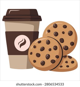 Playful drawing of delicious chocolate cookie and hot coffee vectorized tasty snack