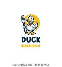 Playful Duck Mascot Holding Fork Food Restaurant Company Logo Design