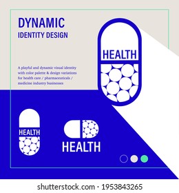 A playful and dynamic brand identity with color palette and design variations for health care, pharmaceuticals, medicine industry businesses