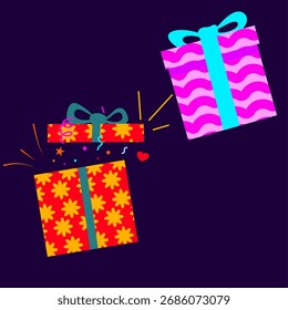 A playful and dynamic illustration featuring two colorful gift boxes against a deep, dark purple background.