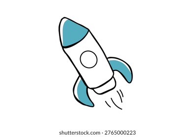 A playful and dynamic illustration of a rocket ship soaring upwards, conveying a sense of excitement and progress, set against a clean and isolated white background.