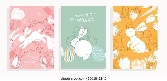 Playful Easter A4 designs with bunnies, hand drawn line art tulips and sketched line art eggs. Set of pastel illustrations for social media, web and print projects. 