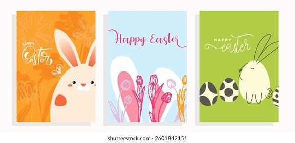 Playful Easter A4 designs with bunnies in the shape of eggs and hand drawn line art tulips. Set of saturated illustrations for social media, web and print projects. 