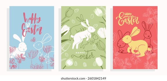 Playful Easter A4 designs with hand drawn line art bunnies, tulips and doodled flowers. Set of spring illustrations for social media, web and print projects. 