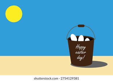 Playful Easter banner featuring a bucket filled with colorful eggs under a sunny spring sky.