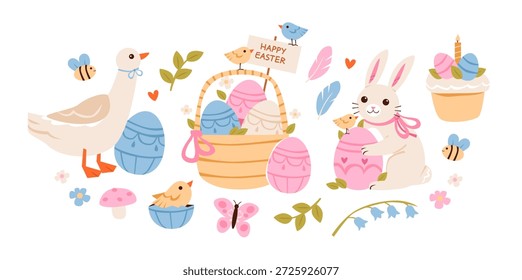 Pascua juguetona con conejito, ganso, polluelos, cesta de huevos y decoraciones de primavera, creando una alegre escena de vacaciones sobre fondo blanco.