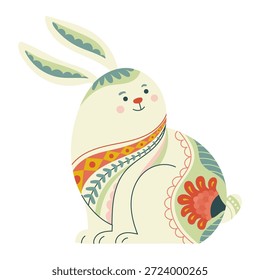 Playful Easter bunny looking back, decorated with floral folk patterns. Hand drawn vector illustration with gentle colors and naive charm, perfect for spring holidays, packaging and seasonal decor