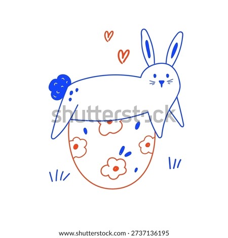 Playful Easter Bunny Mascot with Floral Patterned Egg. Simple Vector Design for Seasonal Stationery, Stickers.