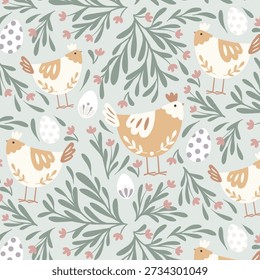 Padrão de frangos de Páscoa brincalhão com ovos de pastel, ramos de primavera e charme caprichoso da fazenda