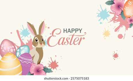 A playful Easter design featuring colorful decorated eggs, a cute bunny, and vibrant splashes of paint and flowers surrounding the words 'Happy Easter'