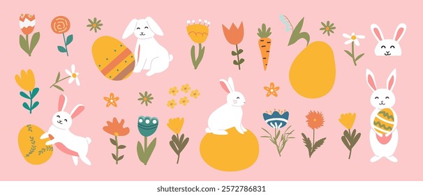 Playful easter designs with bunnies and colorful flowers for festive celebrations.