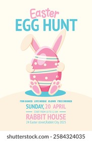 A playful Easter egg hunt poster featuring a bunny-shaped egg with ears and paws. Ideal for children's events, festive invitations, and Easter-themed designs.
