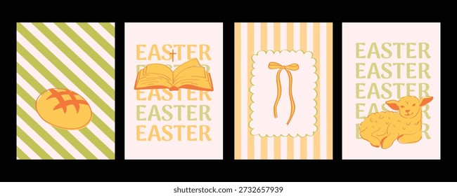 Verspielte Ostergrußkarten mit Brotsymbol, Lammcharakter und dekorativer Typografie