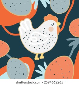 A playful Easter illustration featuring a charming white chicken surrounded by artistic decorative eggs. A perfect design for holiday decor, greeting cards, posters, and seasonal crafts.