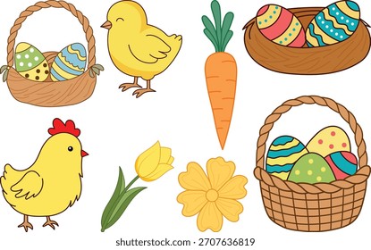 Playful easter illustration set with cartoon bunnies chicks colorful eggs tulips flowers and cheerful decorative elements