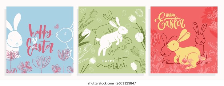 Playful Easter square designs with hand drawn line art bunnies, tulips and doodled flowers. Set of spring illustrations for social media, web and print projects. 
