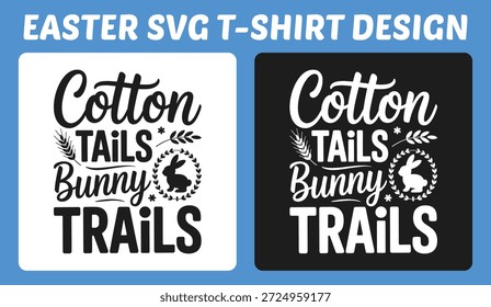 Verspieltes Ostertypografie-T-Shirt-Design mit dem Satz "Baumwollschwänze Häschen-Trails" mit Häschen Silhouette und floralen Akzenten. Ideal für Frühlingsbekleidung, Prints und festliche Ware.