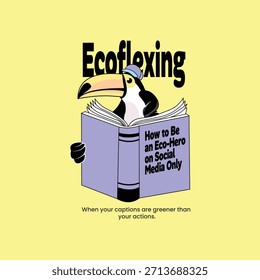 Uma divertida ilustração vetorial em estilo editorial apresentando um tucano lendo um livro bem humorado intitulado "Como ser um Eco-Herói Apenas nas Mídias Sociais.
