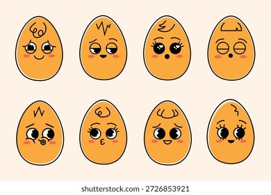 Playful egg characters with different emotions and cute expressions. Cartoon food illustration set for Easter decorations, stickers, kids apps and festive branding.
