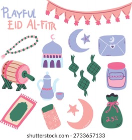 Eid Al-Fitr Doodle Clip Art Jogo Brincalhão com Elementos Festivos Islâmicos. Coleção Eid Mubarak Set.