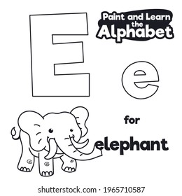 Playful elephant with big tusks and long trunk ready to be colored in didactic alphabet  with letter E in majuscule and minuscule.