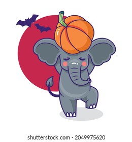 Playful elephant cartoon character with dark red moon and pumpkin for halloween theme