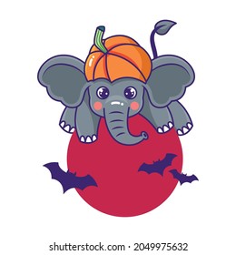 Playful elephant cartoon character with dark red moon and pumpkin for halloween theme