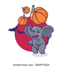 Playful elephant cartoon character with dark red moon and pumpkin for halloween theme