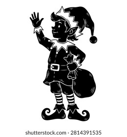 A playful elf figure with a pointed hat, striped stockings, and a bushy tail, embodying fantasy and holiday spirit in a stylized silhouette.