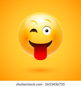 Playful emoji face with tongue out and winking eye on vibrant orange background representing fun humor and silly expression.