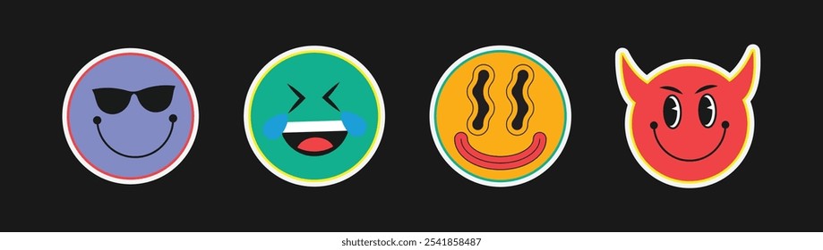 Playful Emoji Sticker Vector Set with Cool Shades, Laughing Tears, Wavy Smile, and Devil Face Ideal for Fun Digital Expressions

