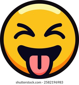 A playful emoji sticking out its tongue with a wide, laughing expression, conveying humor and joy