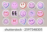 Playful emoticon face sticker pack in vibrant colors and retro groovy style. Fun trendy round icons with various cartoon expressions - smirking, rolling eyes, smiling, laughing, confused and loving.