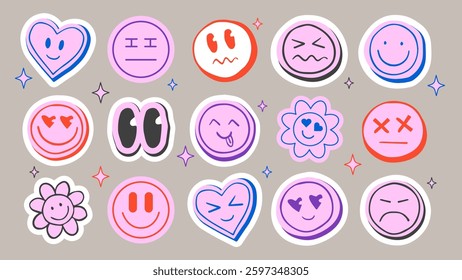 Playful emoticon face sticker pack in vibrant colors and retro groovy style. Fun trendy round icons with various cartoon expressions - smirking, rolling eyes, smiling, laughing, confused and loving.