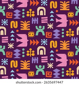 Playful ethnic seamless pattern with abstract geometric symbols. Colorful African tribal motifs in hand drawn style for textile or packaging design. Decorative vector illustration.