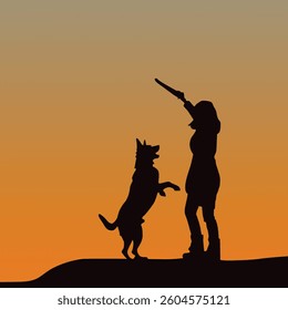 Playful Evening: Girl and Dog Enjoying a Sunset Moment – Vector Illustration
