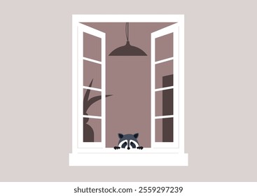 With a playful expression, a curious raccoon leans out from an open window, capturing the essence of the wild blending with home life in a calm and cozy atmosphere