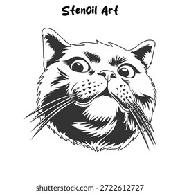 Uma ilustração vetor preto e branco lúdica e expressiva de um gato curioso olhando para baixo, apresentando uma perspectiva única de baixo ângulo. Esta arte de estêncil de alta qualidade destaca bigodes longos e olhos largos e redondos, tornando-a perfeita para impressões de camisetas humorísticas, logotipos com temas animais, decalques de parede, corte de vinil e gráficos de mídia social. As linhas limpas e em negrito são otimizadas para facilitar o dimensionamento e o uso versátil do design