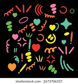 A playful and expressive collection of comic-style emotion elements including colorful hearts, exclamation marks, motion lines, and doodle effects. 