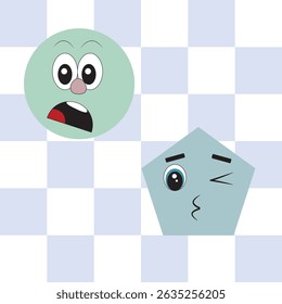 A playful and expressive illustration featuring two geometric characters on a light blue checkerboard background.