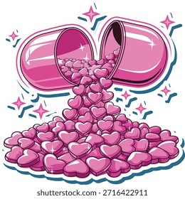 Um design lúdico e atraente com cápsulas cor-de-rosa transbordando com formas cardíacas, perfeito para expressar temas de amor, cuidado ou positividade. As cores vivas e os acentos brilhantes tornam-no adequado para vários gráficos, mercadorias ou mídias sociais.