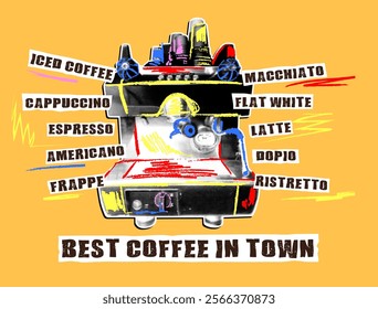 Playful and eye-catching illustration of a coffee machine with popular coffee drinks. Great for promoting coffee products and creating a positive and energetic atmosphere.