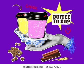 Playful and eye-catching illustration of coffee to-go. Includes coffee cups, beans, and a handwritten note. Great for promoting coffee products and creating a positive and energetic atmosphere.