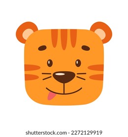 Playful face of a cartoon tiger. Kawaii illustration of a wild animal. Simple clipart for children's design