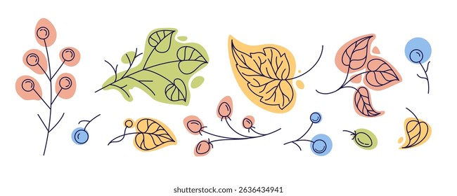 Playful fall foliage botanical vector line art with fresh, cheerful color accents. Perfect for web design, planners, invitations, branding, and printable stationery.